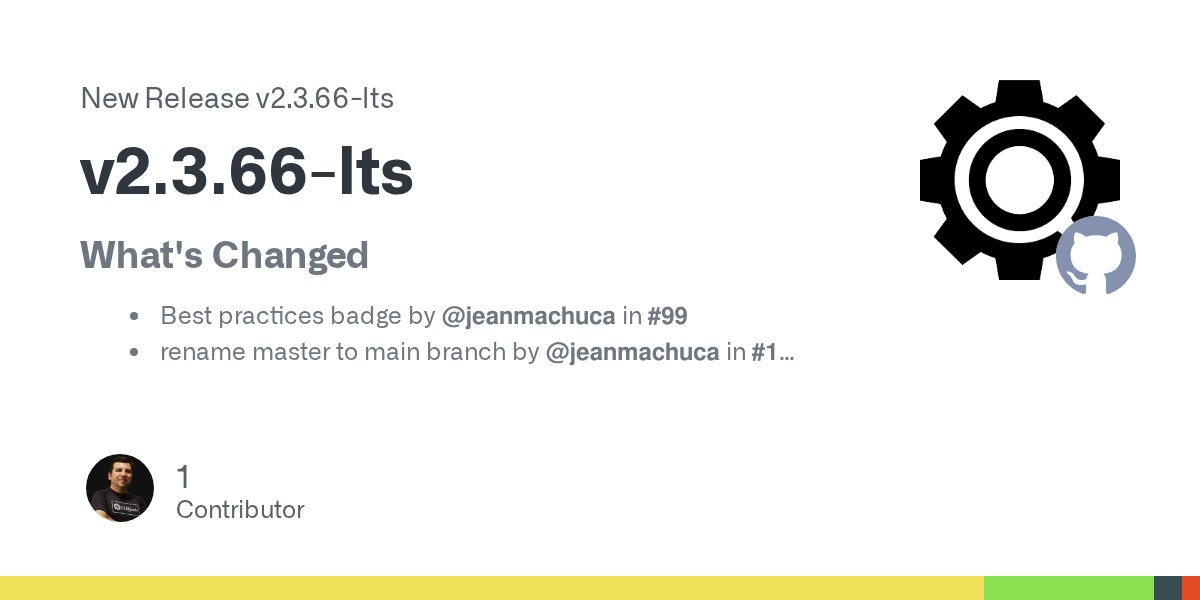 qcobjects's tweet card. What's Changed Best practices badge by @jeanmachuca in #99 rename master to main branch by @jeanmachuca in #100 Full Changelog: v2.3.65...v2.3.66-lts
