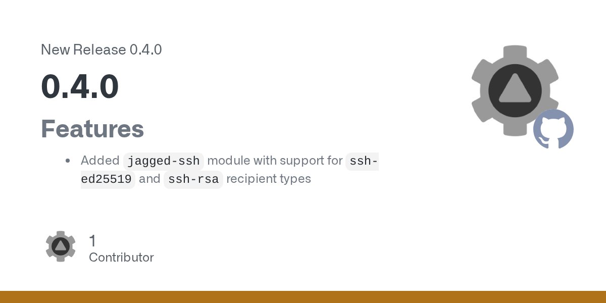 exceptionfactry's tweet card. Features Added jagged-ssh module with support for ssh-ed25519 and ssh-rsa recipient types