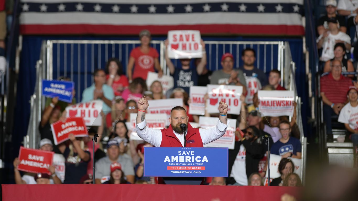 axios's tweet card. J.R. Majewski has been under fire for sympathizing with QAnon and misrepresenting his military service.