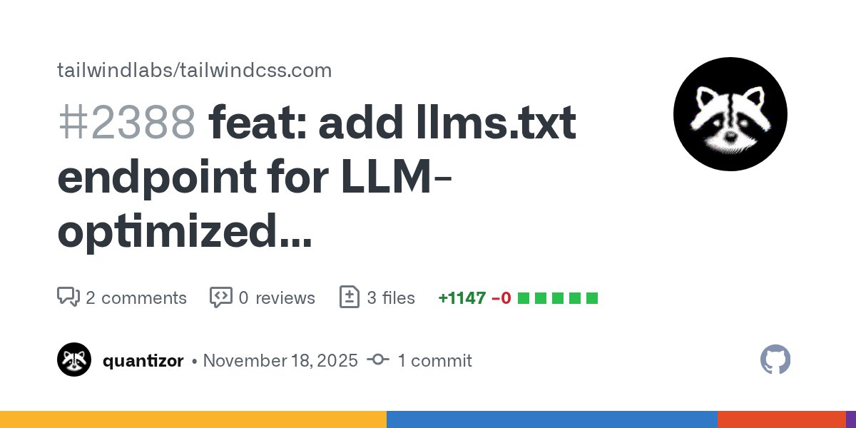 quantizor's tweet card. Add /llms.txt endpoint that serves a concatenated, text-only version of all Tailwind CSS documentation pages optimized for Large Language Model consumption. Extract text from MDX files, removing J...