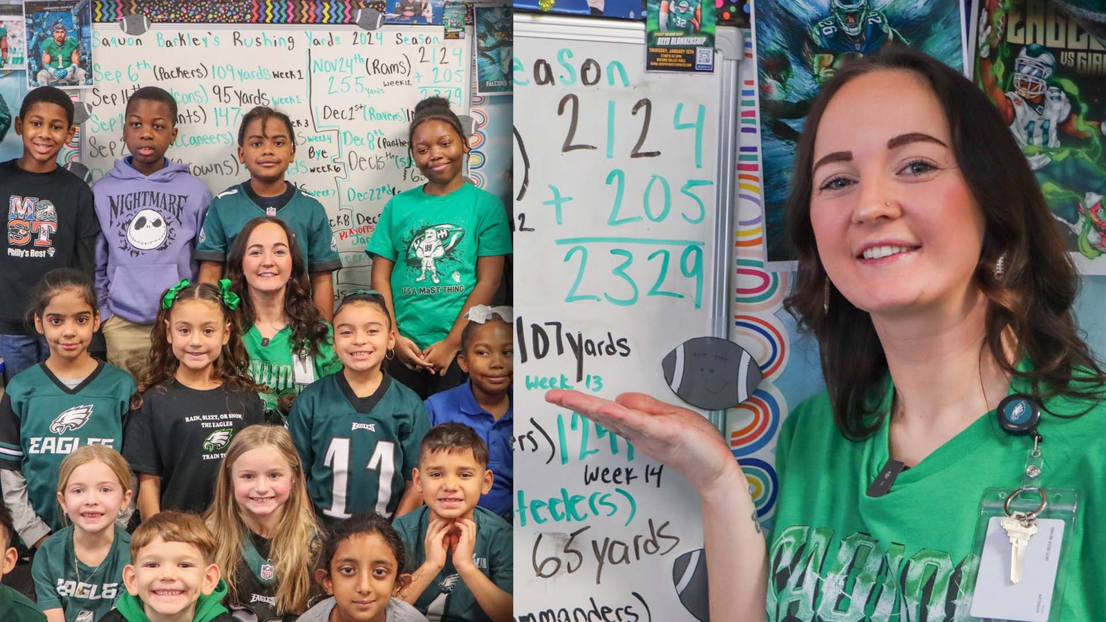 drMi's tweet card. It's an Eagles-themed lesson when Miss Amber Kiley and her students use Saquon Barkley's rushing yards to learn about math.