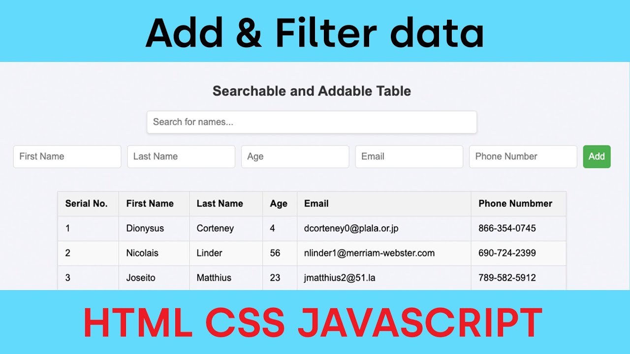 qasim_dev's tweet card. Create a Searchable and Editable Table with HTML, CSS, and JavaScript...
