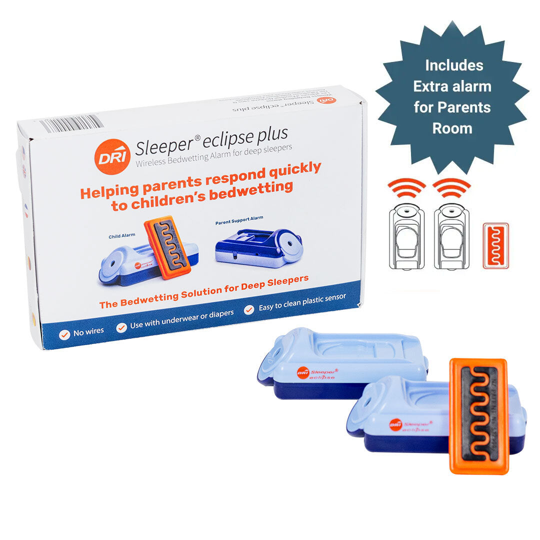 DRIsleeper's tweet card. DRI Sleeper eclipse wireless bedwetting alarm plus an extra-alarm unit for the parent's bedroom. Respond quickly to your childs wetting. Range 12m (40 feet).