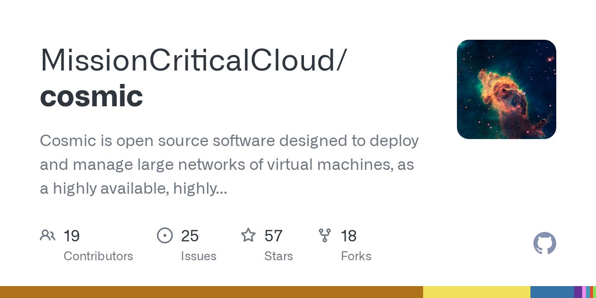 remibergsma's tweet card. Cosmic is open source software designed to deploy and manage large networks of virtual machines, as a highly available, highly scalable Infrastructure as a Service (IaaS) cloud computing platform. ...