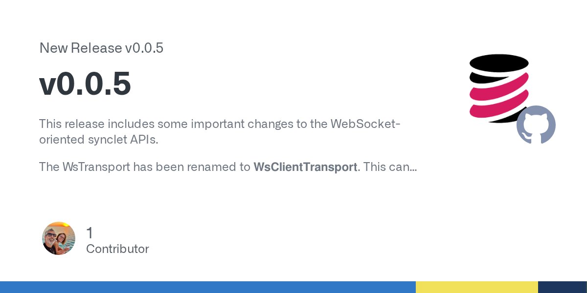 syncletsjs's tweet card. This release includes some important changes to the WebSocket-oriented synclet APIs. The WsTransport has been renamed to WsClientTransport. This can be used for a client synclet that will be connec...