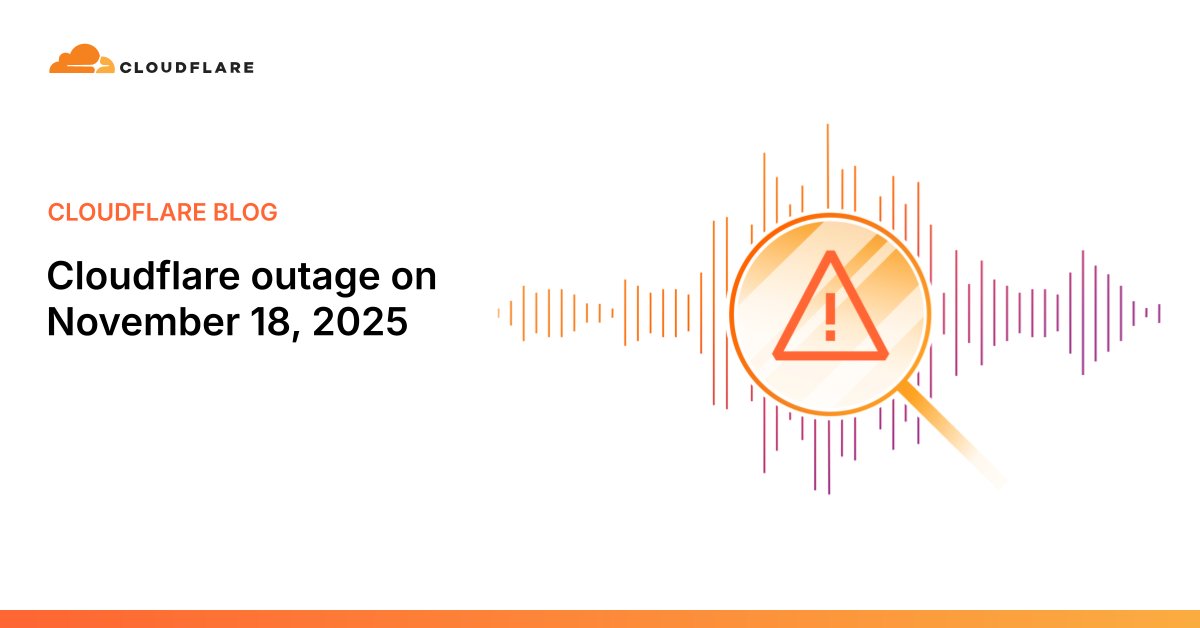 eastdakota's tweet card. Cloudflare suffered a service outage on November 18, 2025. The outage was triggered by a bug in generation logic for a Bot Management feature file causing many Cloudflare services to be affected.