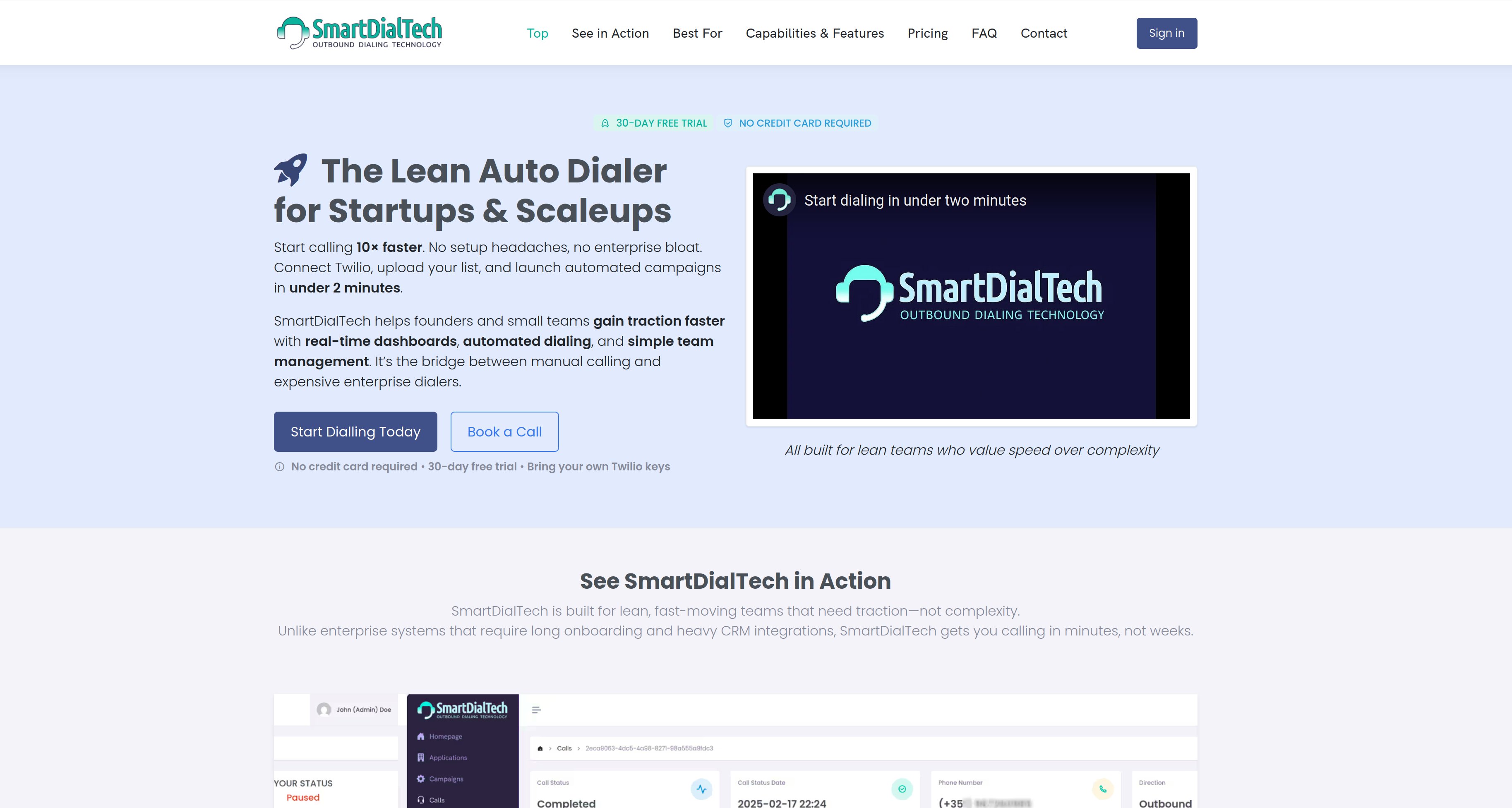 SmartDialTech's tweet card. Start calling 10× faster with SmartDialTech — the lean auto dialer for startups. Connect Twilio, upload your list, and launch campaigns in under 2 minutes.
