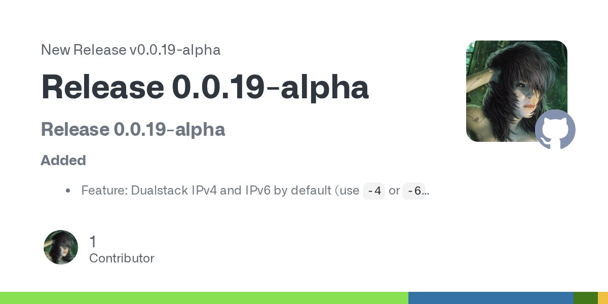 everythingcli's tweet card. Release 0.0.19-alpha Added Feature: Dualstack IPv4 and IPv6 by default (use -4 or -6 to use either of them alone) Feature: Allow addr part in --local to be optional for consistency: #54 Feature: H...