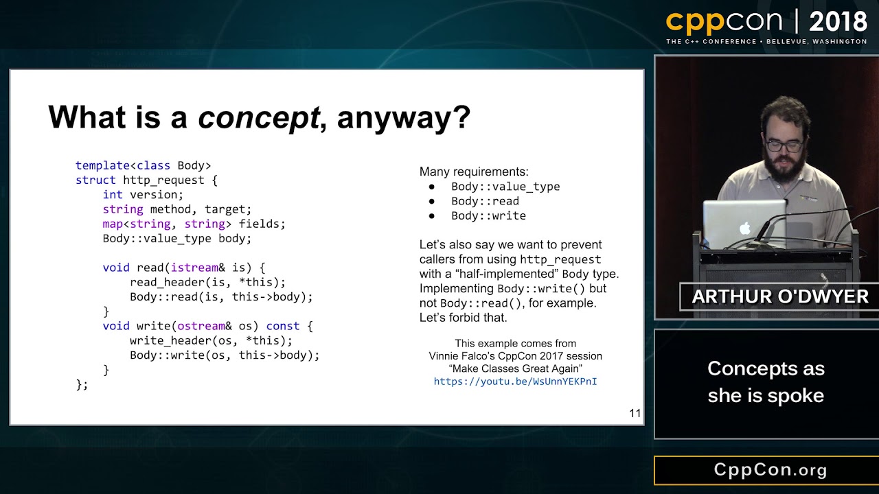 ixsci's tweet card. CppCon 2018: Arthur O'Dwyer “Concepts As She Is Spoke”