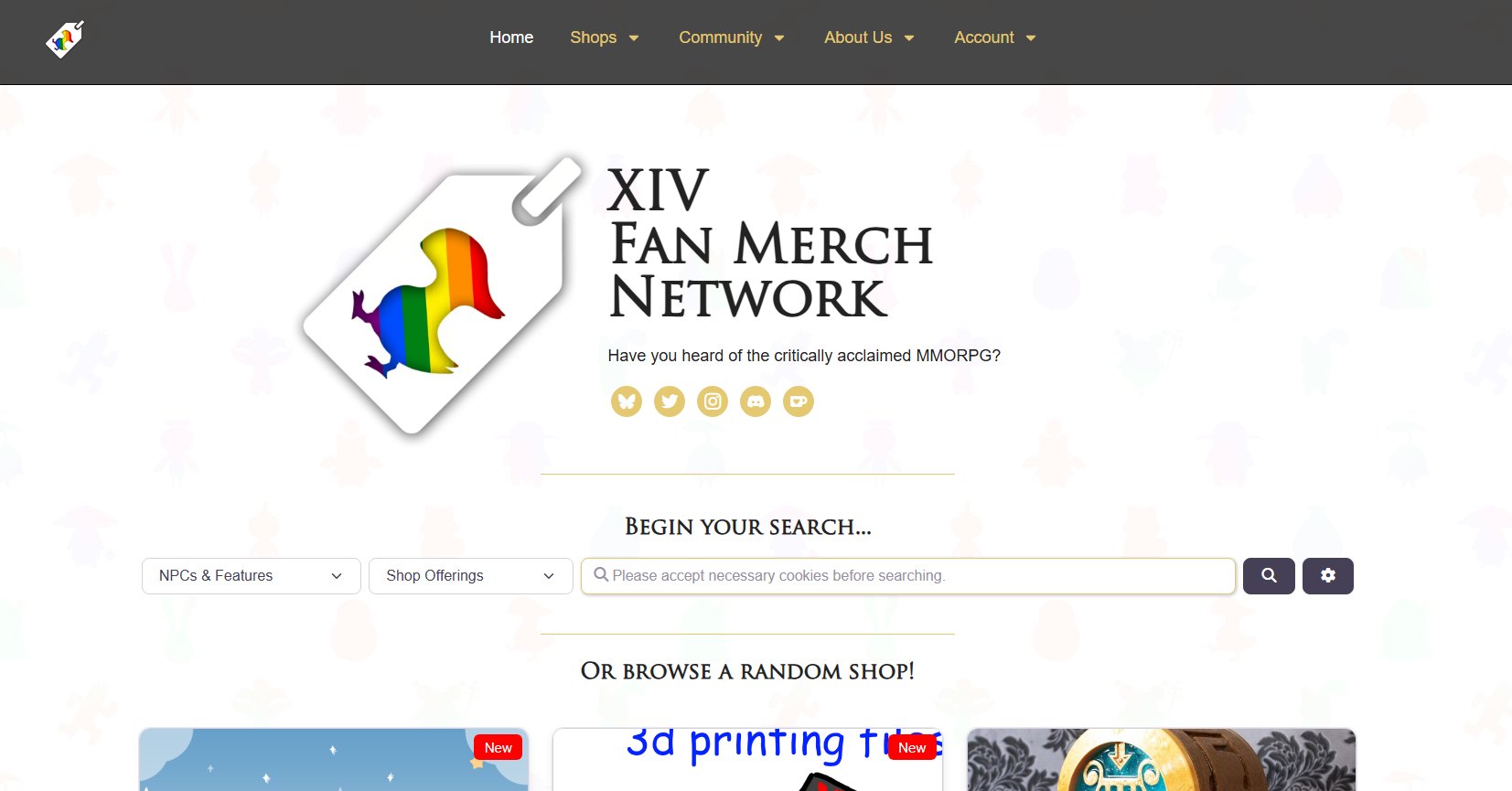 XIVFanMerchNet's tweet card. A searchable web library of over 250 small shops dedicated to making fan merch of the Critically Acclaimed MMORPG FFXIV!