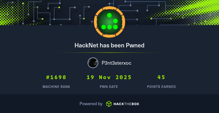 pentesteroc's tweet card. I have just owned machine HackNet from Hack The Box