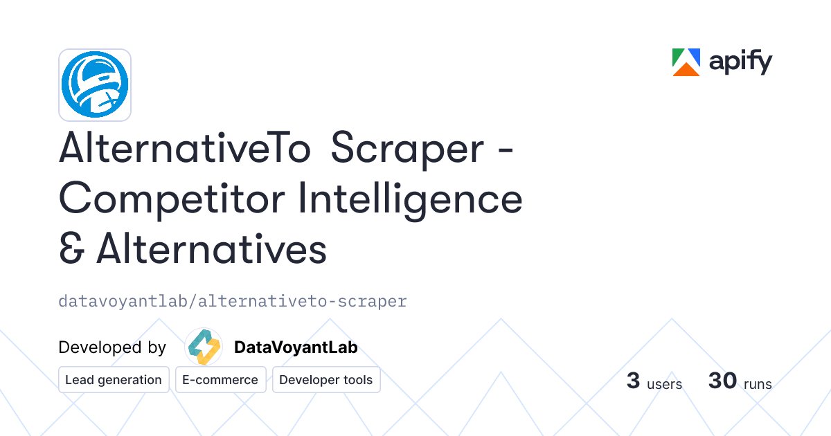 DataVoyant's tweet card. Extract competitor data from alternativeto.net - Get pricing, ratings, features, and product information. Perfect for market research and competitive an...