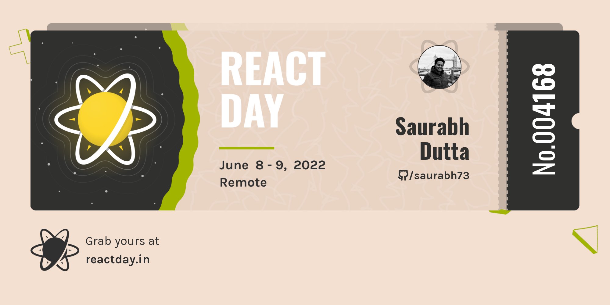 saurabhdutta73's tweet card. Join me at React Day Bangalore (@ReactDayIn) on Jun 8-9, 2022. Grab your free ticket now.