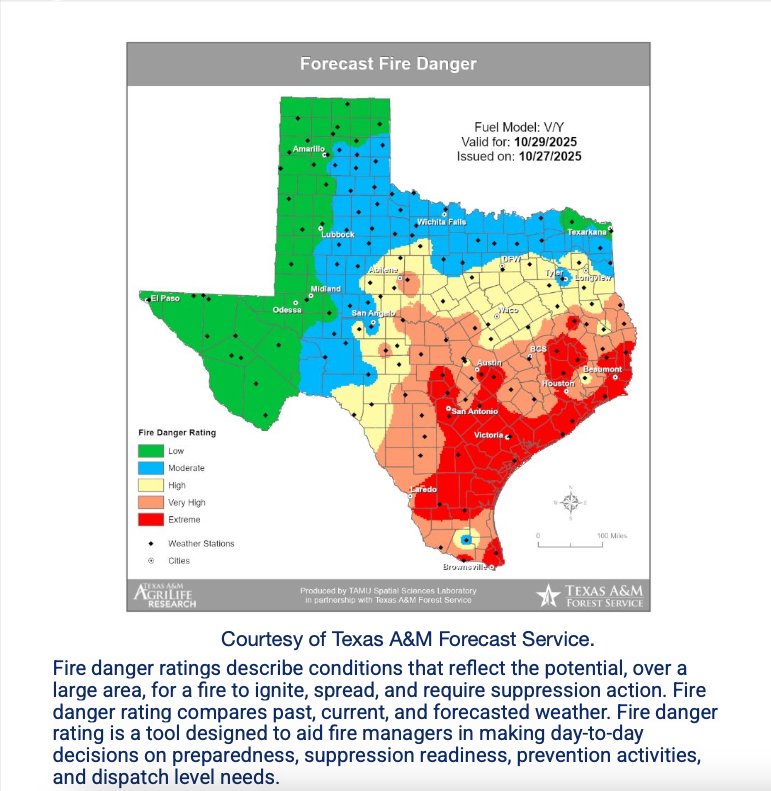 wcnonline's tweet card. A strong cold front is bringing critical fire weather conditions to South Central Texas, due to strong winds and low relative humidity. A Red Flag Warning has been issued by the National Weather...