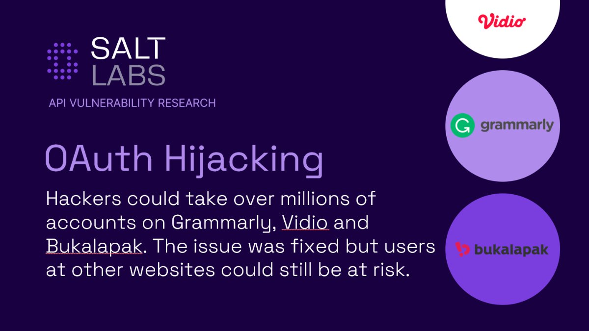 AviadCarmel's tweet card. OAuth Account Takeover. Salt Labs shows how hackers could abuse OAuth to take over millions of accounts on Grammarly, Vidio, and Bukalapak.