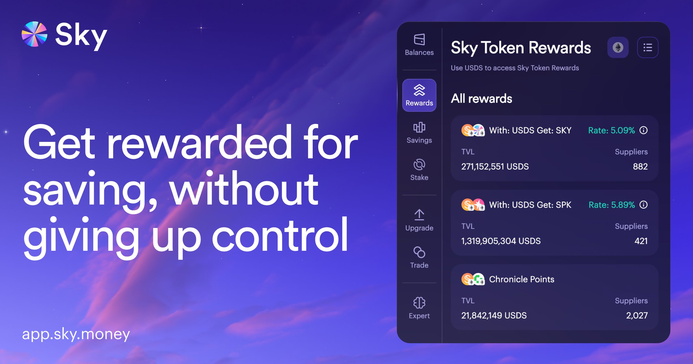 Kitchissime's tweet card. Access DeFi savings, rewards, and trading opportunities with Sky Protocol