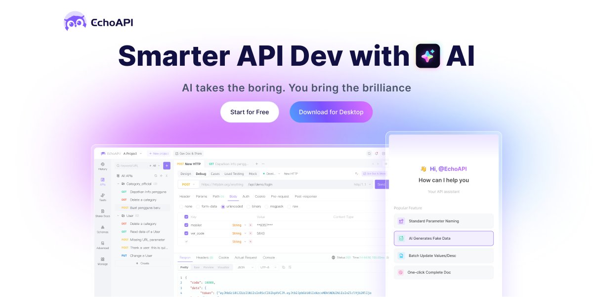 EchoAPIteam's tweet card. EchoAPI is your all-in-one tool for API design, debugging, load testing, automation, documentation, and mock server capabilities. No login required, works offline, super lightweight, and fully...