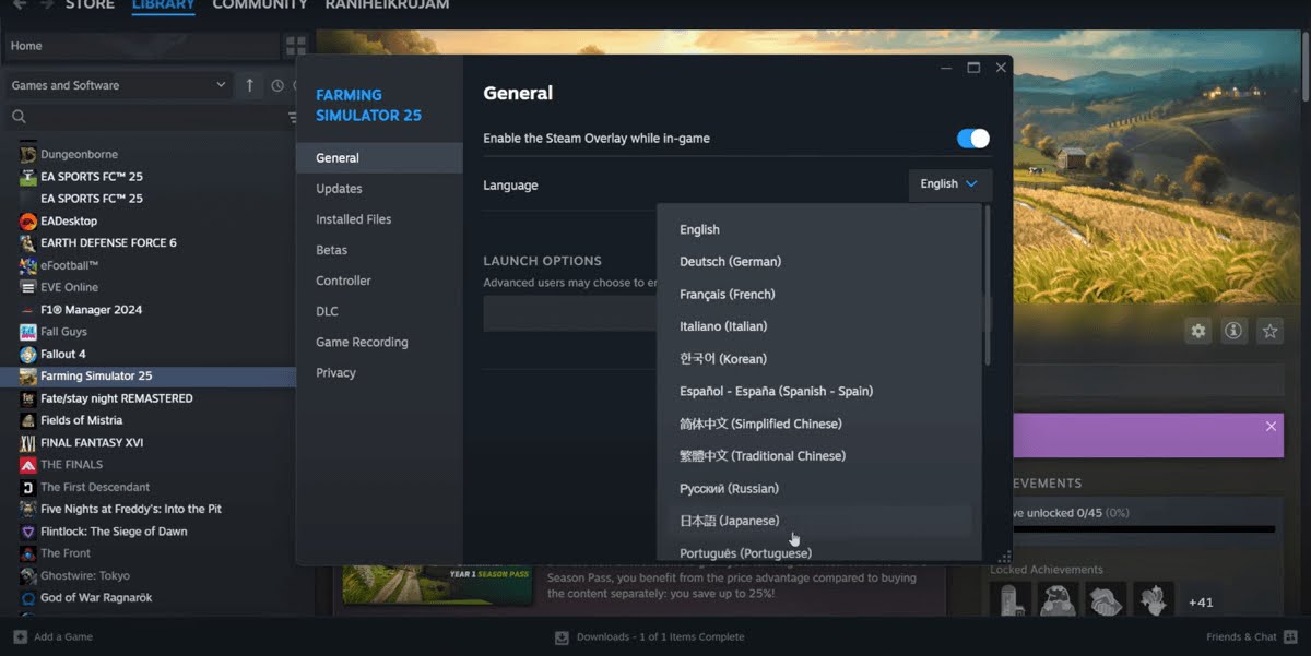 cheinyeanlim's tweet card. If you’re playing Farming Simulator 25 on Steam and the language isn’t right, here’s what to do. It’s quick. Start by opening up Steam. Find Farming