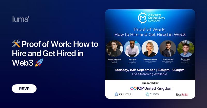 maniross_eth's tweet card. Finding the right talent in Web3 isn’t easy, and landing (or keeping!) a job in the space can feel just as tricky. That’s why this month’s CryptoMondays London…
