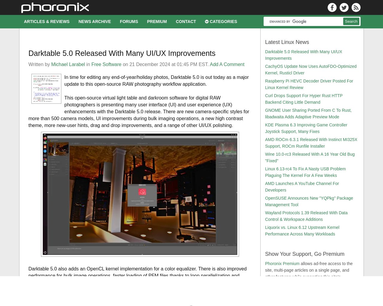 managetech_inc's tweet card. 要約: Phoronix.comの主筆はMichael Larabelで、2004年にサイトを設立し、Linu