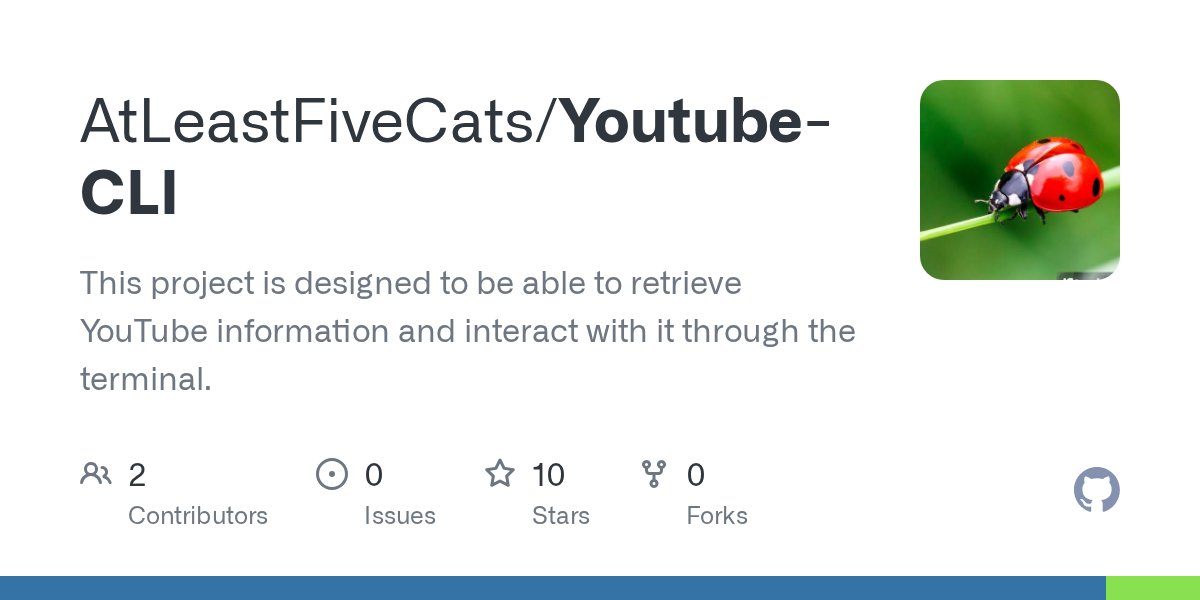 ziebandrzej's tweet card. This project is designed to be able to retrieve YouTube information and interact with it through the terminal. - AtLeastFiveCats/Youtube-CLI