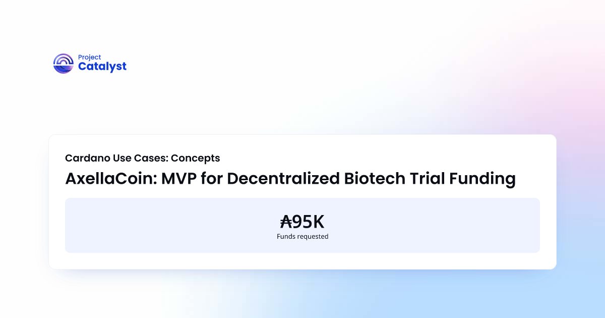 AxellaCoin's tweet card. Build a Cardano-based MVP to fund biotech trials with milestone payments, staking-to-support, and NFT badges, enabling real-world clinical research via smart contracts.