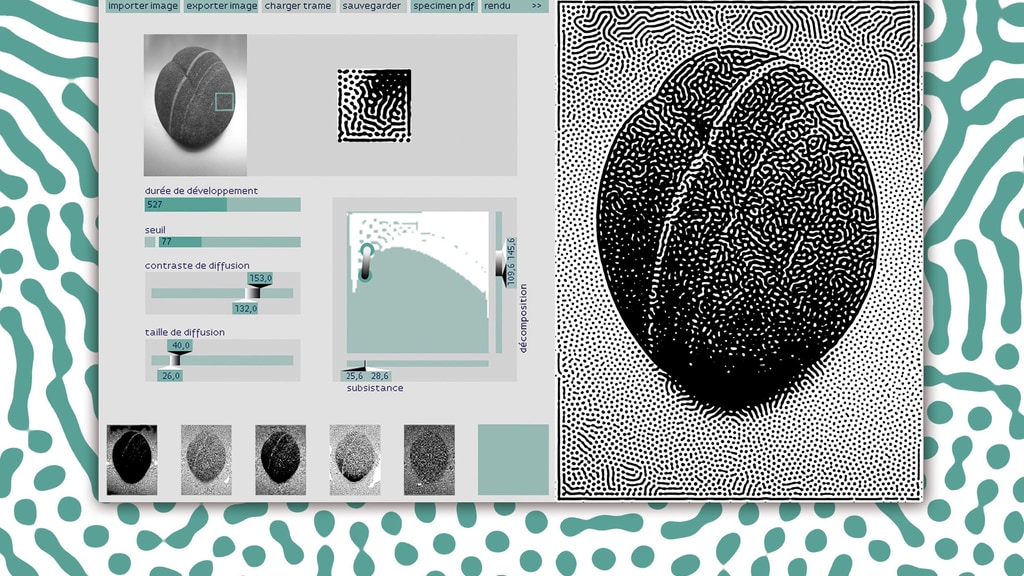 Tex_Turing's tweet card. This customizable dithering software applies Turing patterns to your images, rendering them in diverse, stunning, organic shapes.