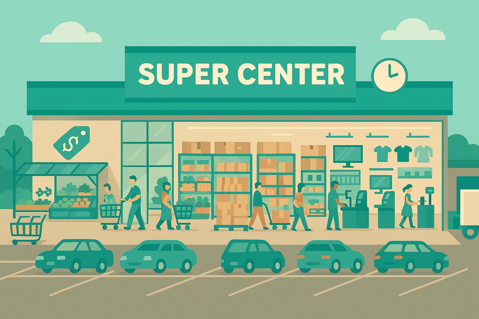 BlogRasu114's tweet card. このブログ記事は、スーパーセンター（SuC）の運営特性を販売士2級試験向けに分かりやすく解説しています。EDLP（毎日安い）・EDLC（低コスト運営）戦略や、郊外型・ワンフロア店舗の特徴、商品政策の徹底した低価格志向、効率的な大量販売のビジネスモデルなど、現代のスーパーセンター経営の重要ポイントが実践的に学べる内容です。