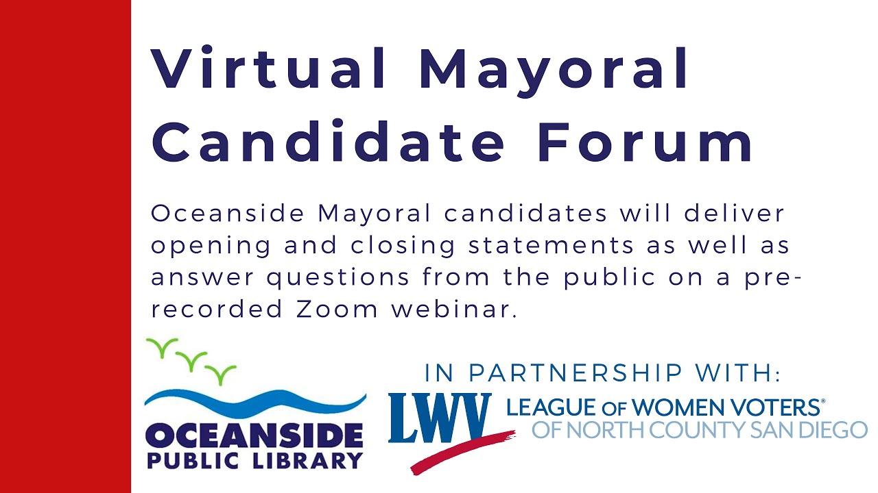 OsideLibrary's tweet card. Virtual Candidate Forum for Office of Mayor, City of Oceanside,...