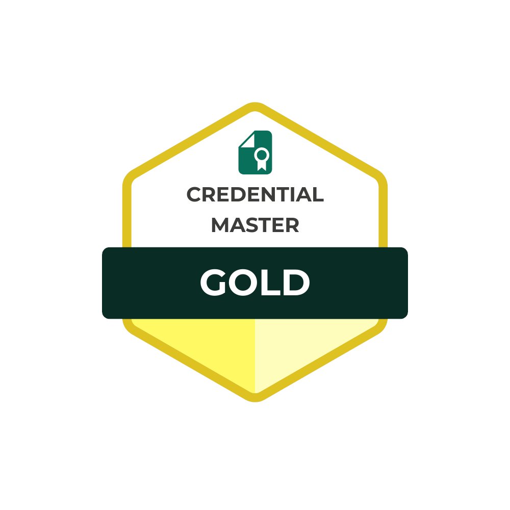 AndreONEVOICE's tweet card. Awarded to individuals who have earned 10 credentials, the Gold Credential Master badge reflects a significant level of expertise and accomplishment. It represents a commitment to continuous learning...