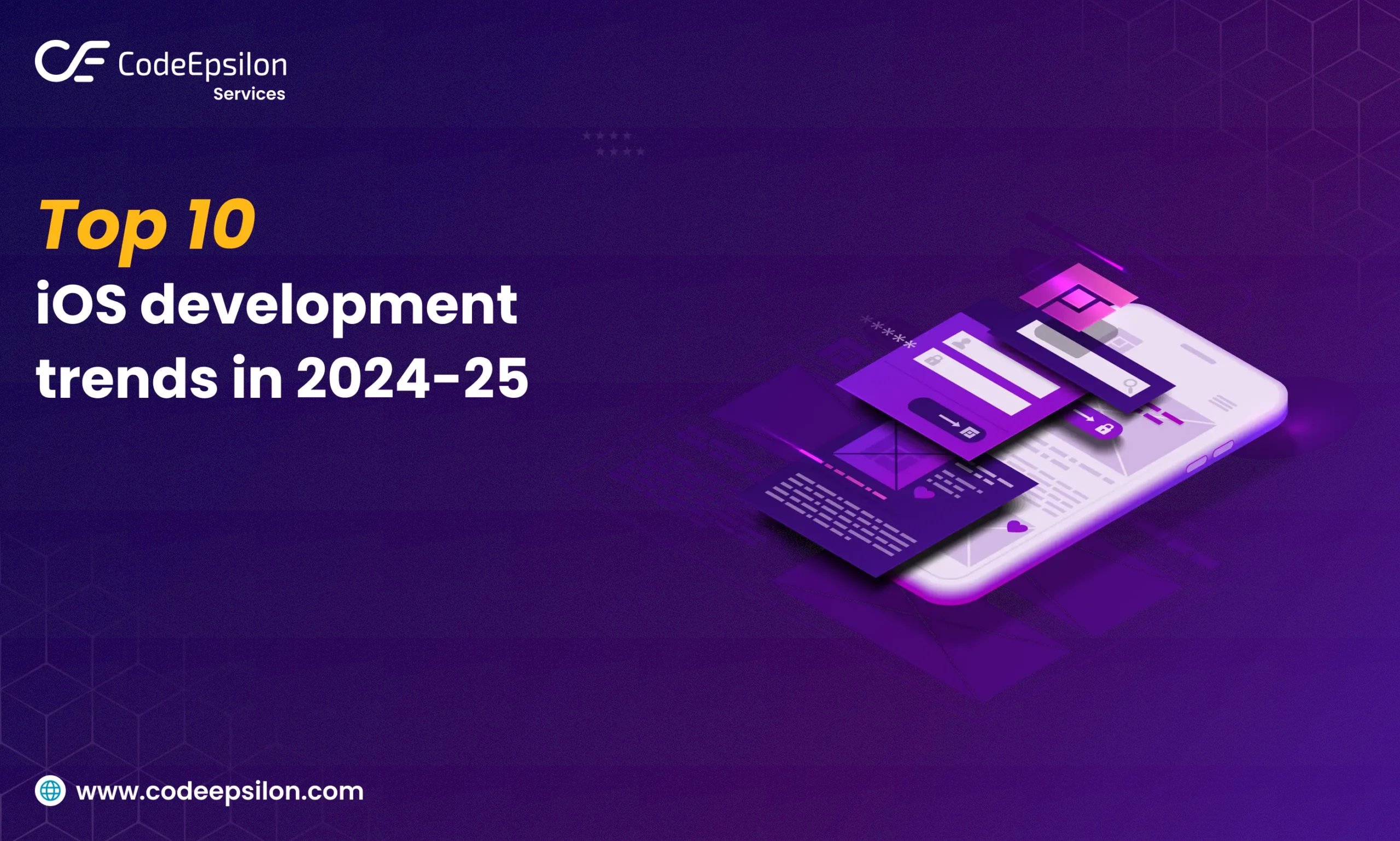 codeepsilon2014's tweet card. Top iOS development trends in 2024-25. 1. App Clips, 1. wearable apps, 3. IoT integration, 4. super apps, 5. cloud integration, 6. AI/VR, AI/ML, 7. 5G Optimization.