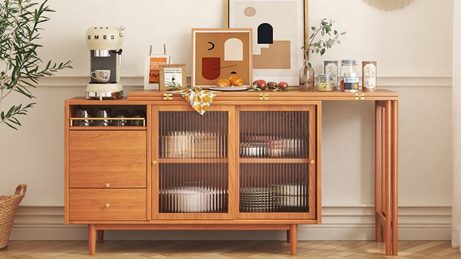 JASIWAY's tweet card. Space-saving 2-in-1 buffet cabinet with an extendable dining table. A modern sideboard offering hidden versatility, smart storage, and small-home flexibility.