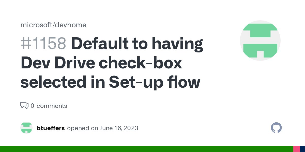 TheAdamBr's tweet card. Suggested new feature or improvement In the set-up flow, default to having the Dev Drive optimization check box selected by default. Only if the device has at least 200 GB of free space available a...