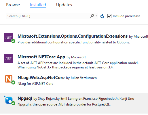 damien_bod's tweet card. This article shows how .NET Core or ASP.NET Core applications can log to a PostgreSQL database using NLog. Code: 2020-01-12 Updated to .NET Core 3.1, NLog.Web.AspNetCore 4.9.0 2018-04-04 Updated to…