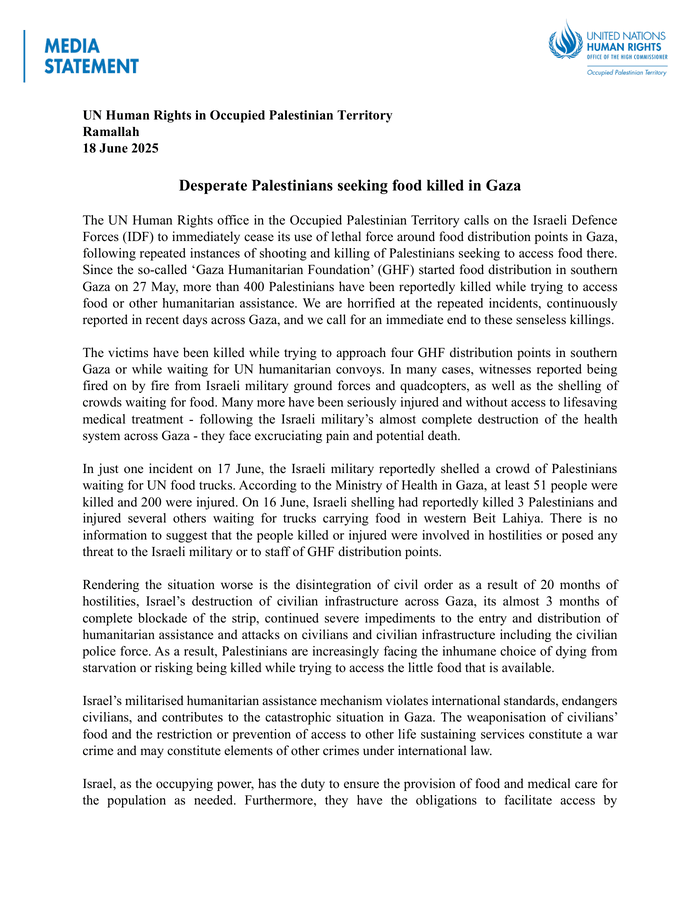 OHCHR_Palestine's tweet card. News and Press Release in English on occupied Palestinian territory about Food and Nutrition and Protection and Human Rights; published on 18 Jun 2025 by UN HRC