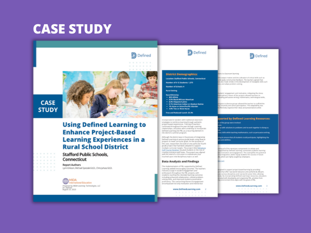 DefinedLearning's tweet card. In this case study, you'll learn how Stafford Public Schools, CT engaged their students in project-based learning experiences with Defined Learning.