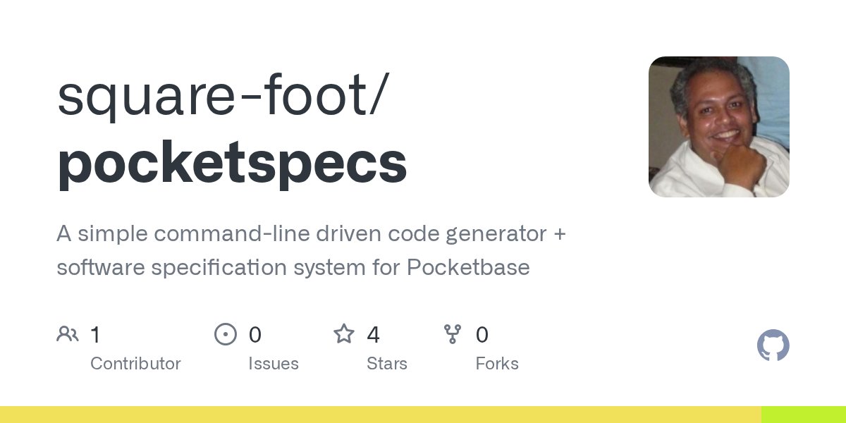 limenleap's tweet card. A simple command-line driven code generator + software specification system for Pocketbase - GitHub - square-foot/pocketspecs: A simple command-line driven code generator + software specification ...