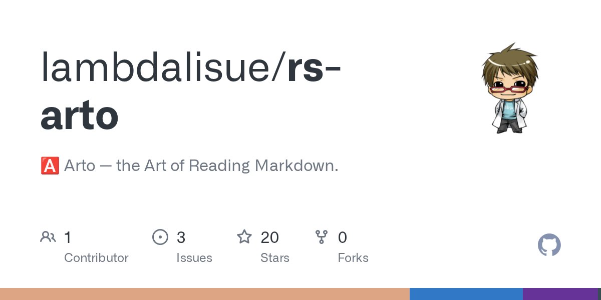 lambdalisue's tweet card. 🅰️ Arto — the Art of Reading Markdown. Contribute to lambdalisue/rs-arto development by creating an account on GitHub.
