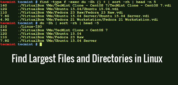 tecmint's tweet card. This brief tutorial describes how to find the largest files, directories, and subdirectories disk usage in the Linux file system using the du and find command.