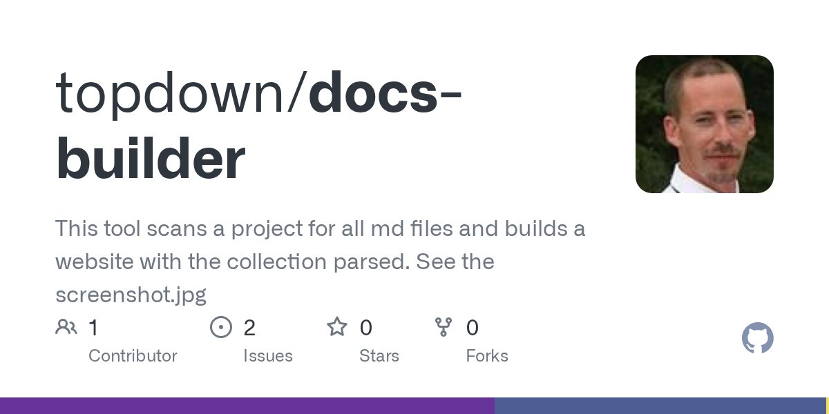 validwebs's tweet card. This tool scans a project for all md files and builds a website with the collection parsed. See the screenshot.jpg - topdown/docs-builder