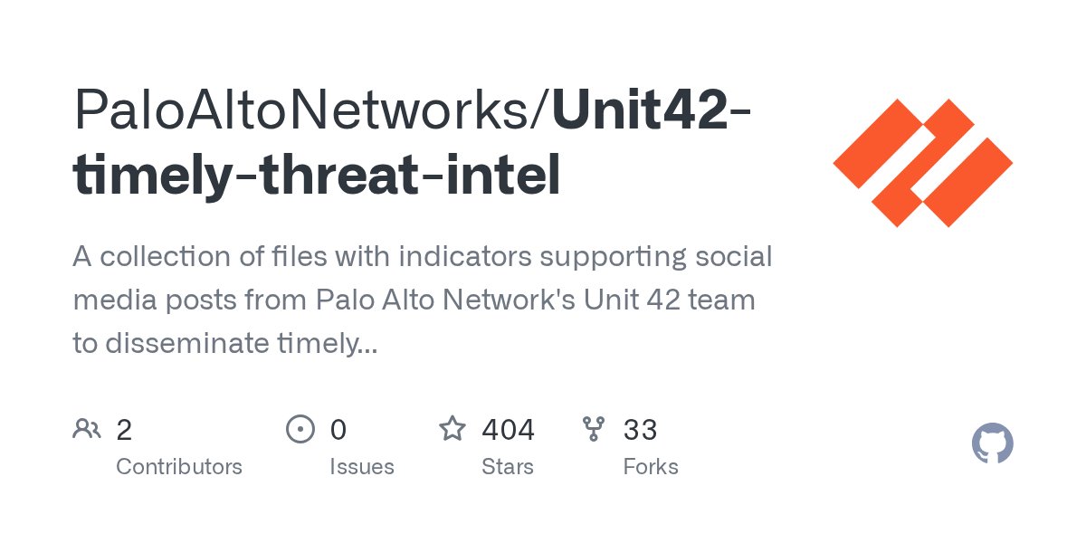 21code_talker34's tweet card. A collection of files with indicators supporting social media posts from Palo Alto Network's Unit 42 team to disseminate timely threat intelligence. - PaloAltoNetworks/Unit42-timely-threat-intel