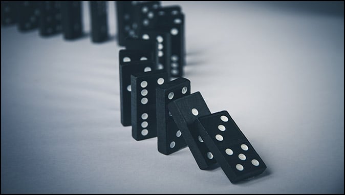 RaptureForums's tweet card. Each domino carries the potential for a terrible cascade of events leading to disaster after disaster when the dominoes fall.