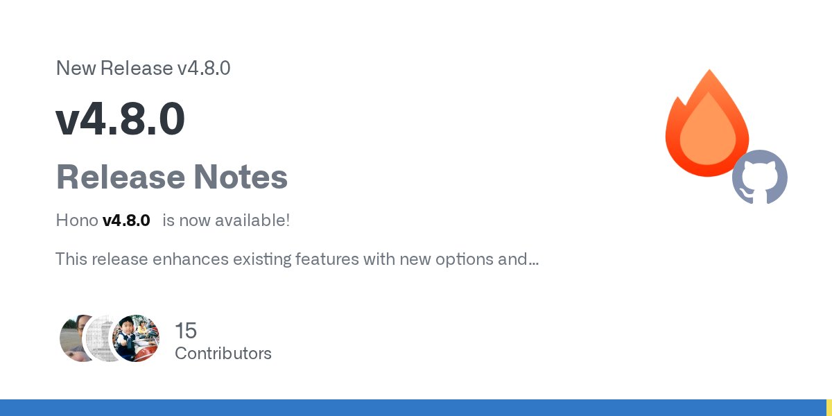 honojs's tweet card. Release Notes Hono v4.8.0 is now available! This release enhances existing features with new options and introduces powerful helpers for routing and static site generation. Additionally, we're ...
