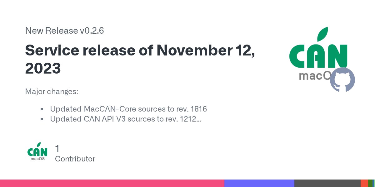 uv_software's tweet card. Major changes: Updated MacCAN-Core sources to rev. 1816 Updated CAN API V3 sources to rev. 1212 Updated CAN API V3 testing sources to rev. 1219 Updated GoogleTest to version 1.14.0 Updated deploym...