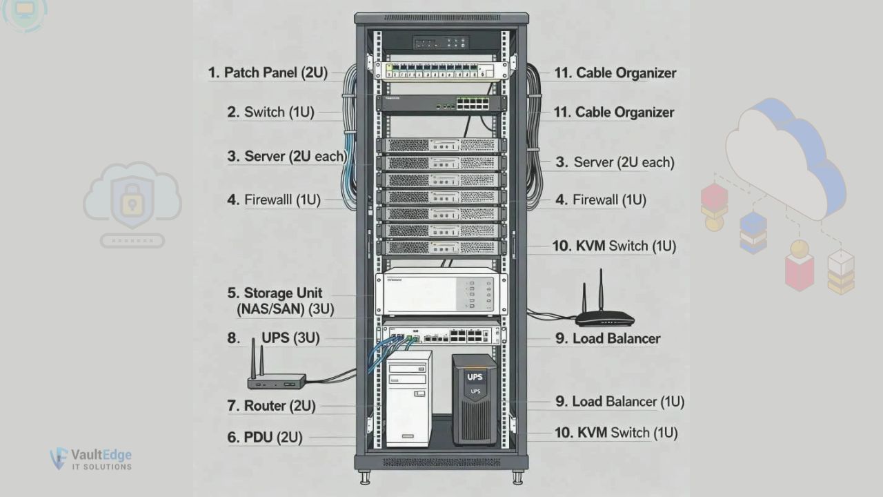 VaultEdgeIT's tweet card. Learn the key Server Rack Components including switches, patch panels, servers, firewall, UPS, router, and storage units. Discover how they work together to ensure network performance, security, and...