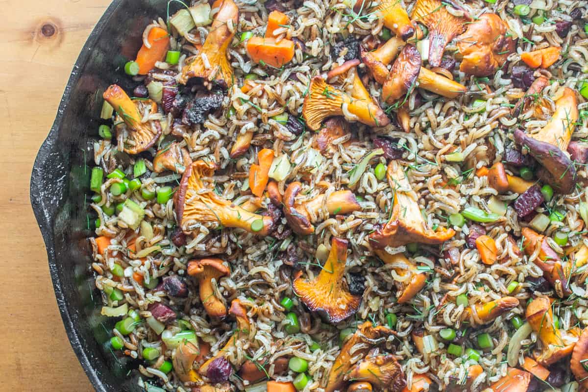 AlanBergo's tweet card. A simple side dish of wild chanterelle mushrooms, wild rice and vegetables for potlucks, or for when you want a portable lunch in the field.