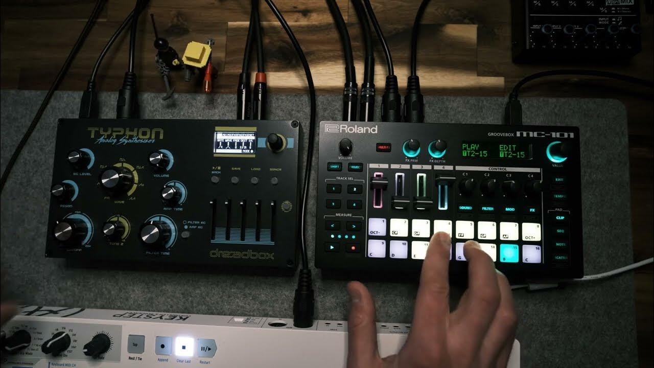jlinowski's tweet card. Dreadbox Typhon Bass + MC-101 Beats