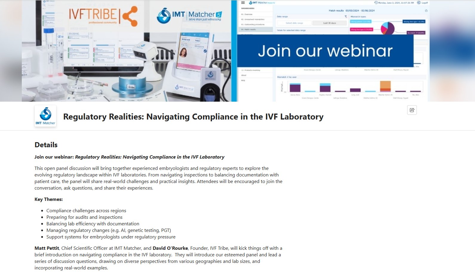 IMT_Matcher's tweet card. Webinars and Interviews - IMT Matcher provides IVF management technologies and quality management systems to fertility clinics, donor banks and other Assisted Reproductive Technology (ART) centres.