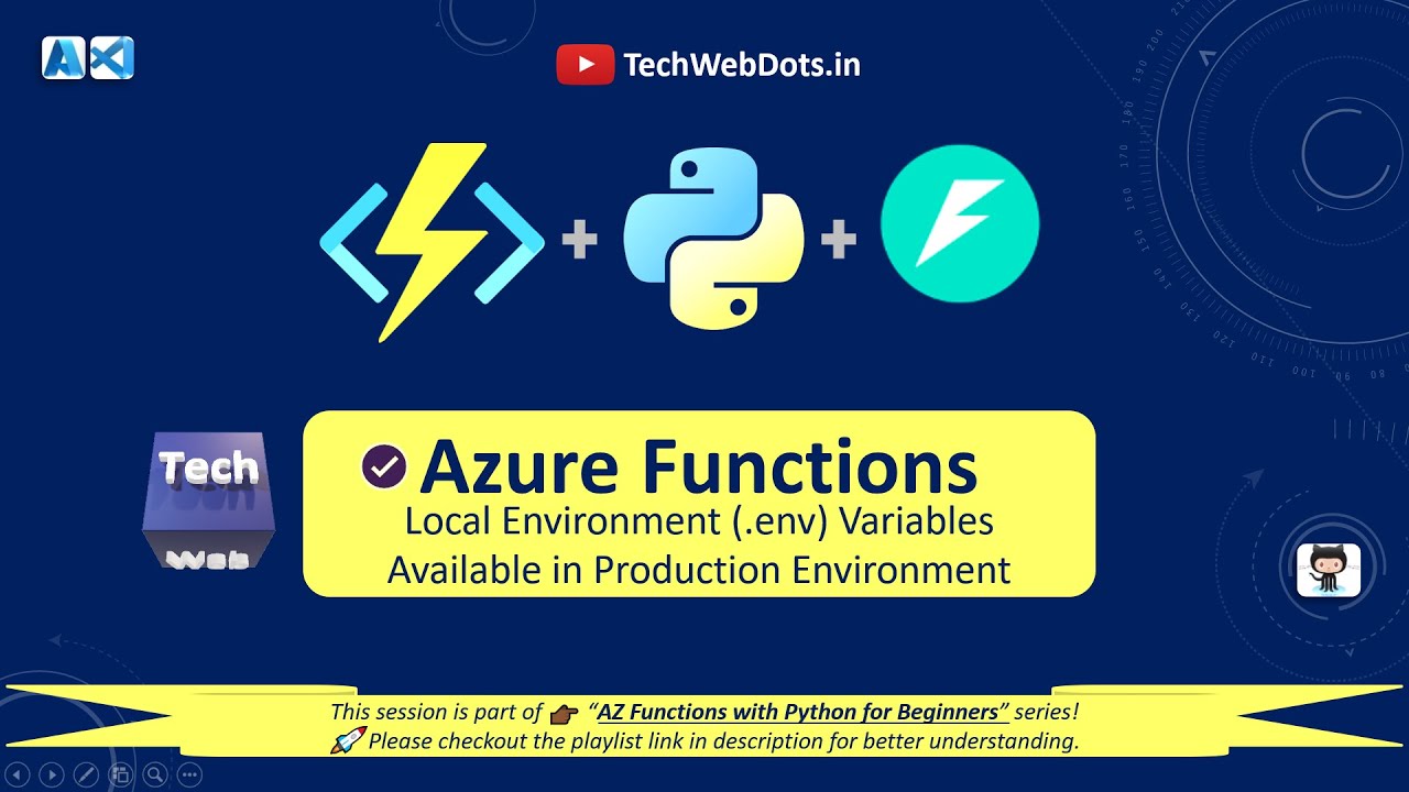 TechWebDots's tweet card. Azure Functions | .env variables in production | Python | FastAPI |...