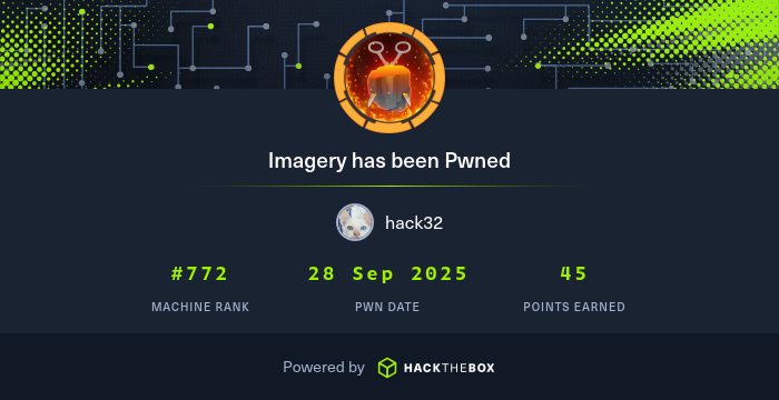 Hack32_'s tweet card. I have just owned machine Imagery from Hack The Box